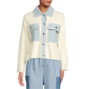 NANETTE LEPORE Oversized Raw Edge Trucker Shacket Jacket in Cream/Blue Size XL